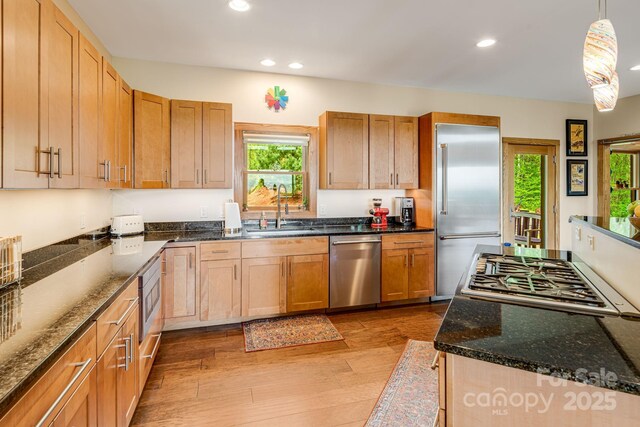kitchen featuring light wood finished floors, built in appliances, a sink, and plenty of natural light
