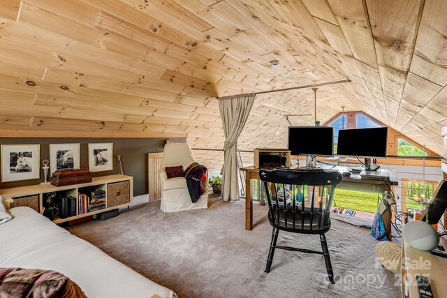 office featuring wooden ceiling, vaulted ceiling, and carpet