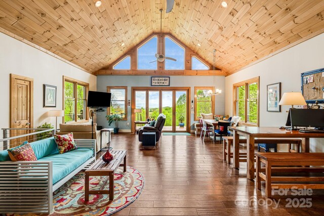 living area with hardwood / wood-style floors, high vaulted ceiling, ceiling fan, and wooden ceiling