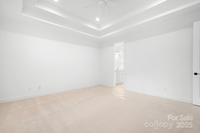 17408 Summer Place Dr, Cornelius, NC 28031 - unfurnished room with ornamental molding, a raised ceiling, light carpet, ceiling fan, and recessed lighting