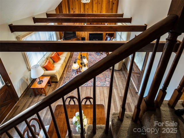 376 Overlook Dr Unit 1, Burnsville, NC 28714 - stairway with high vaulted ceiling and wood finished floors