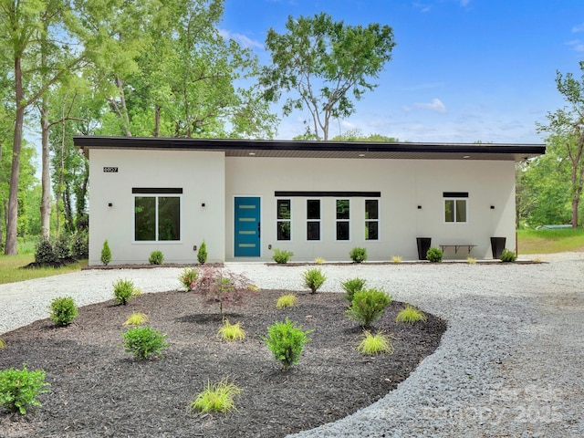 rear view of house featuring stucco siding