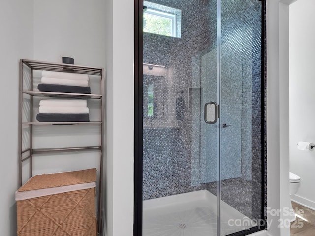 bathroom featuring a stall shower and toilet