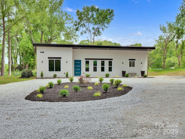exterior space featuring curved driveway and stucco siding