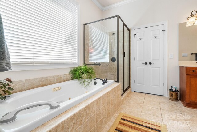 962 Blakeley Walk, Rock Hill, SC 29732 - full bathroom with a stall shower, a jetted tub, tile patterned flooring, crown molding, and vanity