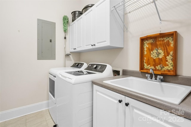 962 Blakeley Walk, Rock Hill, SC 29732 - clothes washing area featuring electric panel, washer and clothes dryer, a sink, baseboards, and cabinet space