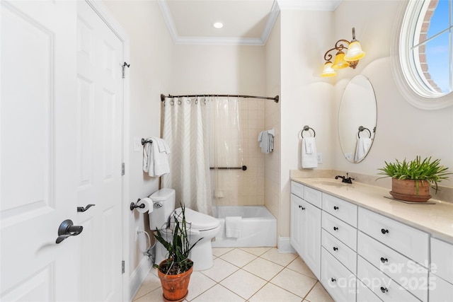 962 Blakeley Walk, Rock Hill, SC 29732 - bathroom with toilet, tile patterned flooring, shower / bathtub combination with curtain, vanity, and ornamental molding