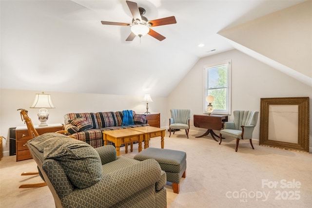 962 Blakeley Walk, Rock Hill, SC 29732 - living room with light colored carpet, ceiling fan, vaulted ceiling, and baseboards