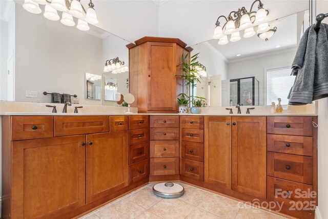 962 Blakeley Walk, Rock Hill, SC 29732 - full bath featuring a stall shower, vanity, a chandelier, ornamental molding, and tile patterned flooring