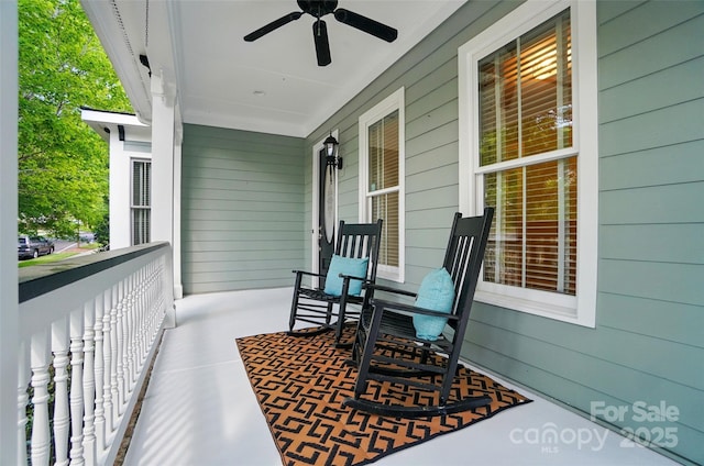 view of patio / terrace with a ceiling fan and covered porch