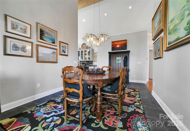 dining room featuring visible vents, recessed lighting, baseboards, and a notable chandelier
