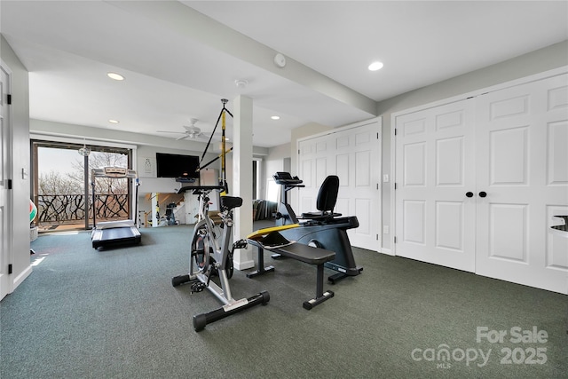 workout room with recessed lighting, a ceiling fan, and carpet