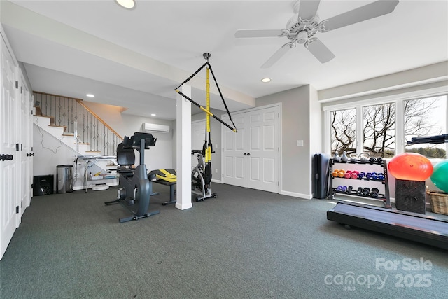 exercise room featuring carpet flooring, baseboards, an AC wall unit, recessed lighting, and a ceiling fan