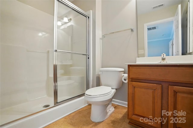 bathroom featuring a shower stall, toilet, tile patterned flooring, and visible vents