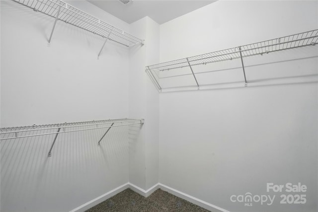 walk in closet featuring dark carpet