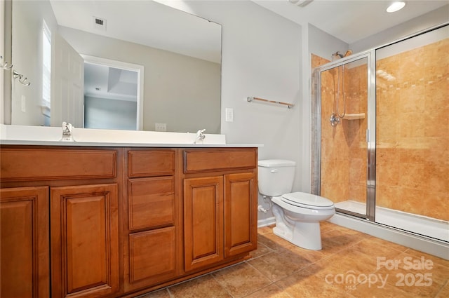bathroom with visible vents, tile patterned flooring, a shower stall, and toilet