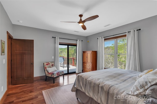 334 Willow Top Ln, Lake Lure, NC 28746 - bedroom featuring access to exterior, wood finished floors, and a ceiling fan
