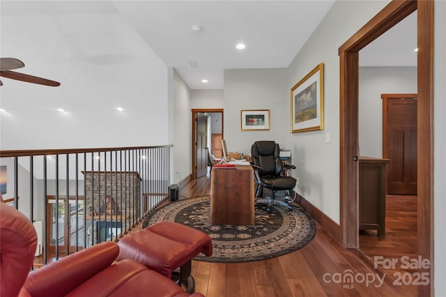 334 Willow Top Ln, Lake Lure, NC 28746 - office area with ceiling fan, wood finished floors, and recessed lighting