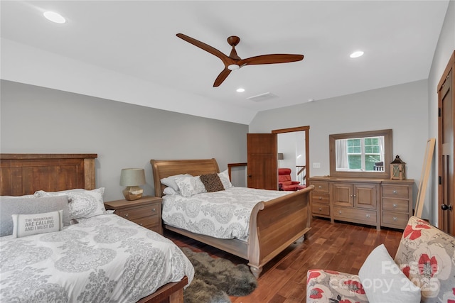 334 Willow Top Ln, Lake Lure, NC 28746 - bedroom with wood finished floors, lofted ceiling, recessed lighting, and a ceiling fan