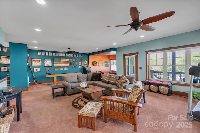 334 Willow Top Ln, Lake Lure, NC 28746 - carpeted living room with ceiling fan and recessed lighting