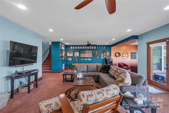 334 Willow Top Ln, Lake Lure, NC 28746 - living area featuring a ceiling fan, carpet flooring, stairway, and recessed lighting