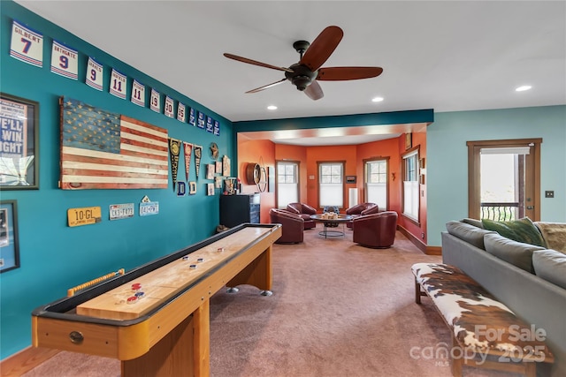 334 Willow Top Ln, Lake Lure, NC 28746 - game room featuring healthy amount of natural light, ceiling fan, carpet floors, and recessed lighting