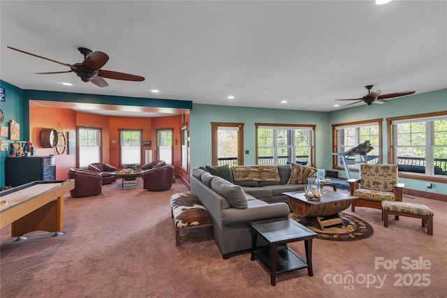 334 Willow Top Ln, Lake Lure, NC 28746 - carpeted living room with a ceiling fan, recessed lighting, and plenty of natural light