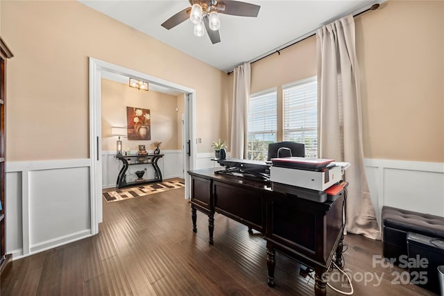 2262 Galloway Ln SW, Concord, NC 28025 - office space with a wainscoted wall, wood finished floors, a ceiling fan, and a decorative wall