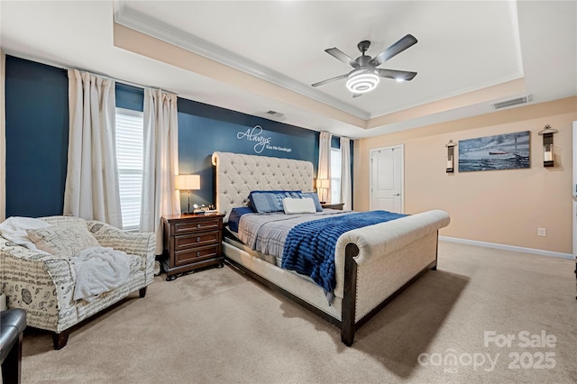 2262 Galloway Ln SW, Concord, NC 28025 - bedroom with a raised ceiling, visible vents, baseboards, light colored carpet, and ornamental molding