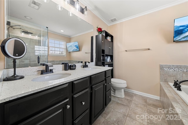 2262 Galloway Ln SW, Concord, NC 28025 - full bathroom with a bath, double vanity, a sink, and ornamental molding