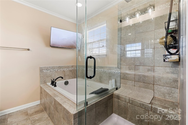 2262 Galloway Ln SW, Concord, NC 28025 - full bath featuring baseboards, crown molding, a garden tub, and tiled shower