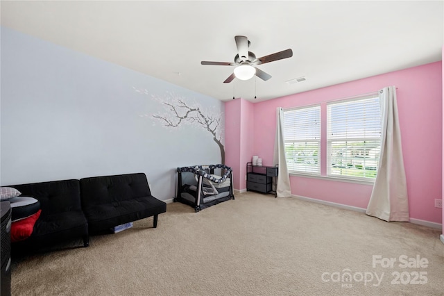 2262 Galloway Ln SW, Concord, NC 28025 - sitting room featuring carpet floors, visible vents, a ceiling fan, and baseboards