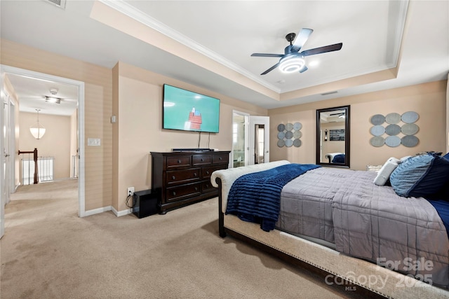 2262 Galloway Ln SW, Concord, NC 28025 - carpeted bedroom featuring crown molding, ceiling fan, a raised ceiling, baseboards, and visible vents