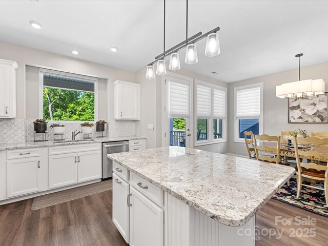 kitchen featuring stainless steel dishwasher, a sink, dark wood-style flooring, and decorative backsplash