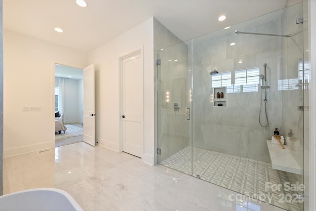 3473 Willow Oak Rd, Charlotte, NC 28209 - full bath featuring recessed lighting, connected bathroom, marble finish floor, and a marble finish shower