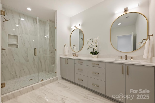 3473 Willow Oak Rd, Charlotte, NC 28209 - bathroom with a sink, a marble finish shower, double vanity, and marble finish floor