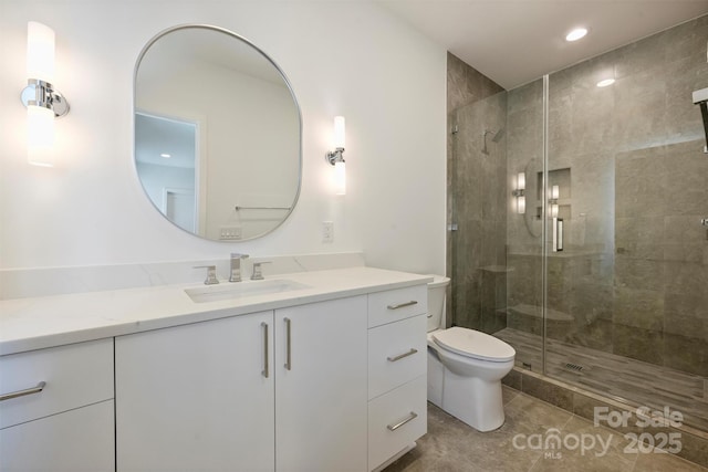 3473 Willow Oak Rd, Charlotte, NC 28209 - full bath with vanity, tile patterned flooring, toilet, recessed lighting, and a stall shower