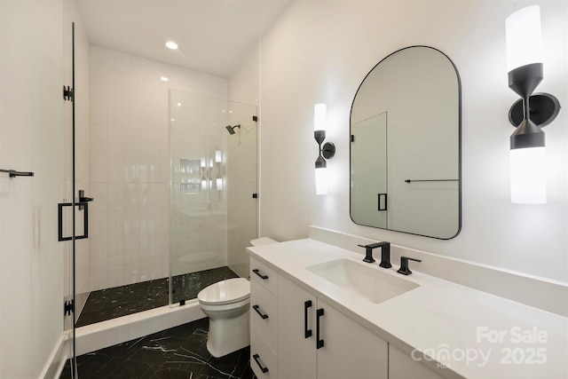 3473 Willow Oak Rd, Charlotte, NC 28209 - bathroom featuring vanity, toilet, marble finish floor, recessed lighting, and a shower stall