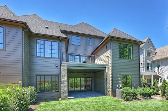 3473 Willow Oak Rd, Charlotte, NC 28209 - rear view of property with fence, a patio area, a balcony, a ceiling fan, and a yard