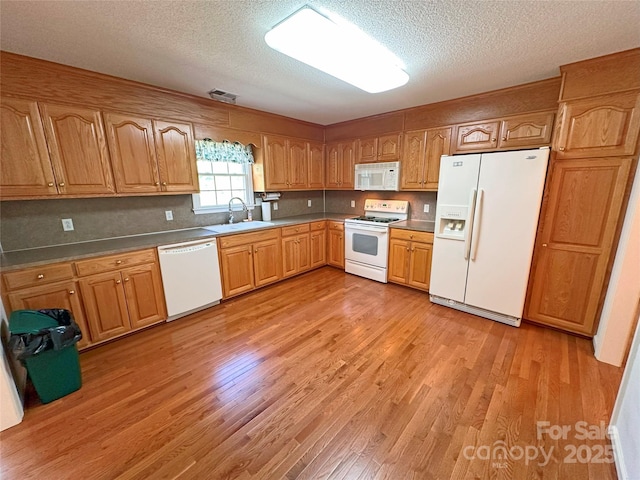 904 3rd Street Pl NE, Conover, NC 28613 - kitchen with light wood-style floors, a sink, a textured ceiling, and white appliances