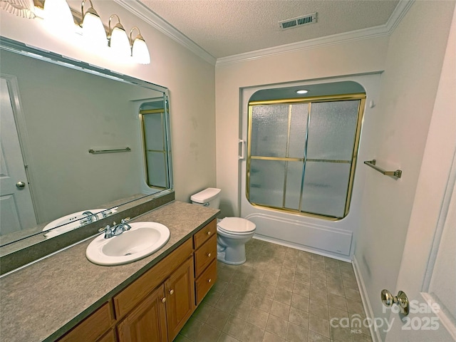 904 3rd Street Pl NE, Conover, NC 28613 - full bathroom with crown molding, vanity, a textured ceiling, combined bath / shower with glass door, and visible vents