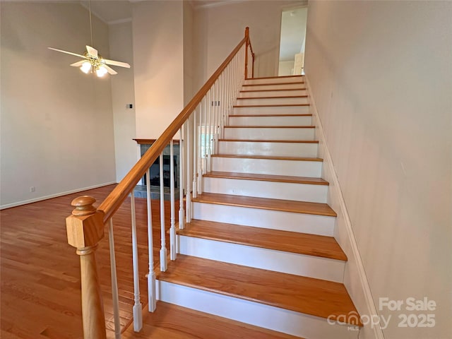 904 3rd Street Pl NE, Conover, NC 28613 - staircase featuring ceiling fan, baseboards, a high ceiling, and wood finished floors