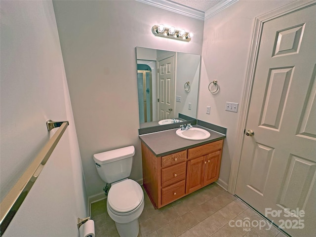 904 3rd Street Pl NE, Conover, NC 28613 - bathroom featuring vanity, ornamental molding, tile patterned floors, and toilet