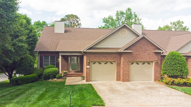 904 3rd Street Pl NE, Conover, NC 28613 - view of front of house featuring a garage, a front yard, a chimney, brick siding, and driveway