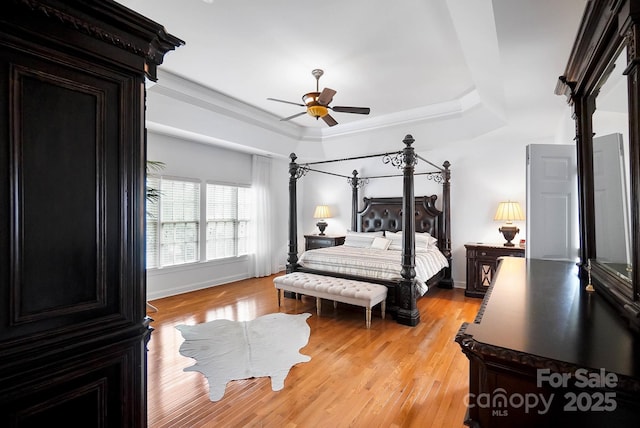 16532 Flintrock Falls Ln, Charlotte, NC 28278 - bedroom with a raised ceiling, light wood-type flooring, crown molding, and baseboards