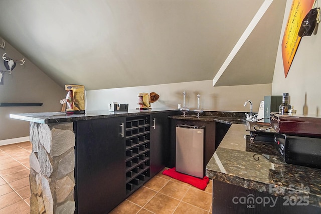 16532 Flintrock Falls Ln, Charlotte, NC 28278 - bar with bar area, lofted ceiling, light tile patterned flooring, and fridge