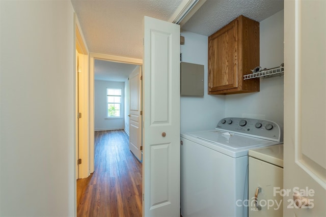 3101 Idle Hour Dr, Asheville, NC 28806 - washroom featuring cabinet space, independent washer and dryer, wood finished floors, and a textured ceiling