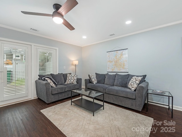 8251 Tradd Ct, Charlotte, NC 28210 - living area with dark wood-type flooring, crown molding, ceiling fan, baseboards, and recessed lighting