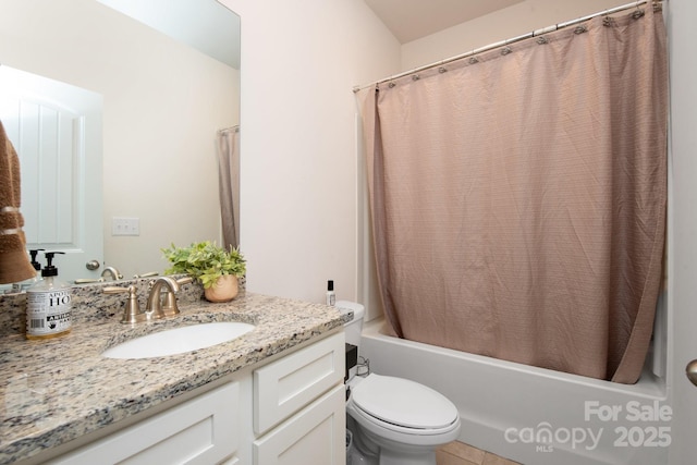 bathroom with toilet, shower / bathtub combination with curtain, vanity, and tile patterned flooring