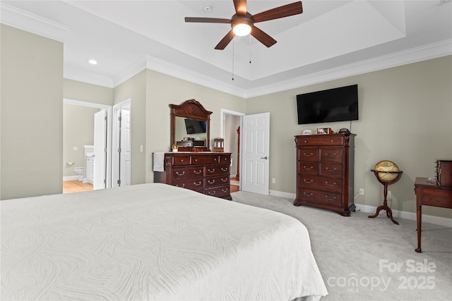 bedroom featuring light colored carpet, baseboards, crown molding, and recessed lighting